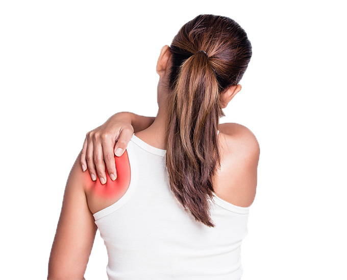 A woman is experiencing shoulder ache and displaying a rabing hand.