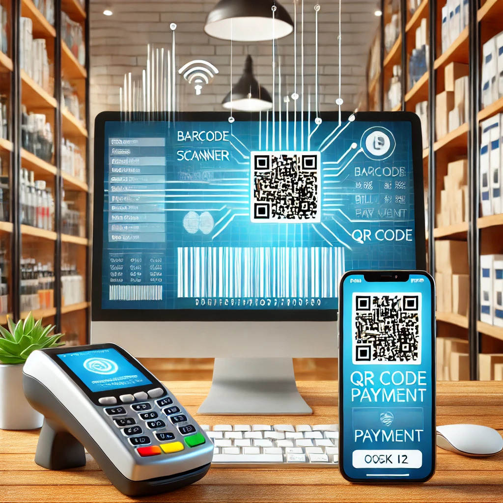 A modern retail store with a cashier using barcode billing software at a POS system, while a customer scans a QR code for payment with a smartphone. Barcoded products are visible on shelves, reflecting a tech-savvy, efficient retail environment.