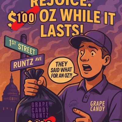 Young man smiling holding a 1st Street Solutions delivery bag promoting Grape Candy Runtz $100 ounce deal for DC weed delivery