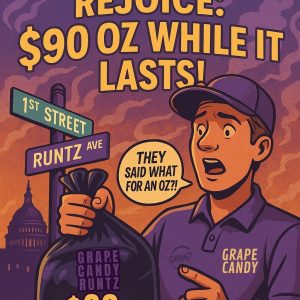 Young man smiling holding a 1st Street Solutions delivery bag promoting Grape Candy Runtz $90 ounce deal for DC weed delivery
