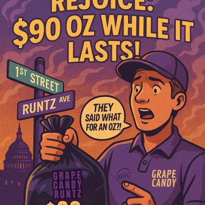 Young man smiling holding a 1st Street Solutions delivery bag promoting Grape Candy Runtz $90 ounce deal for DC weed delivery