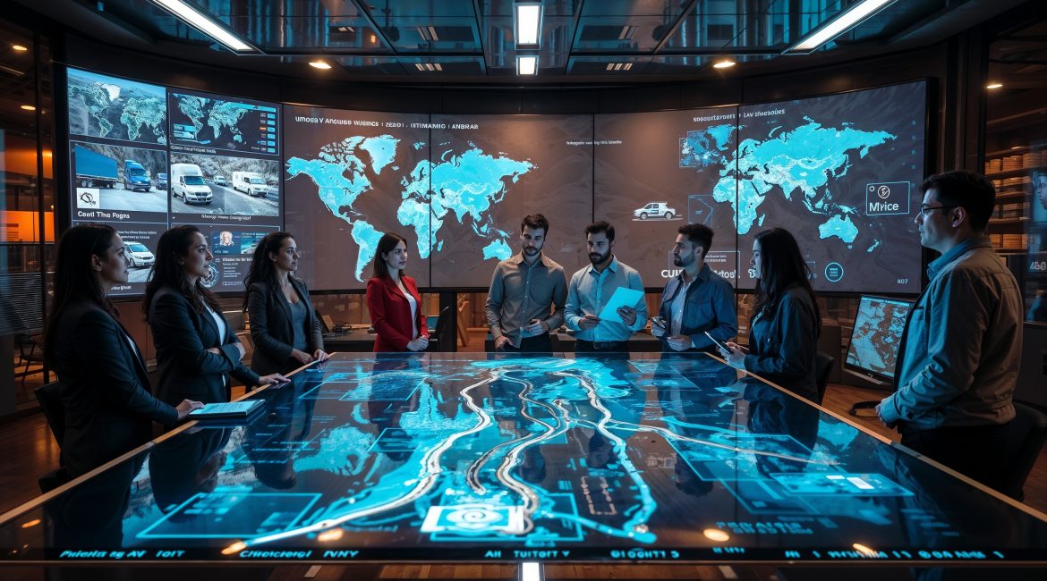 A team transforms supply chain operations using AI-driven logistics apps in a modern command center, optimizing routes and inventory management through real-time data analysis. The scene features cinematic lighting with cool blue AI visualizations contrasting against warm ambient tones, showcasing digital transformation of logistics through intelligent app development services.