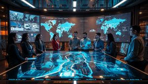 A team transforms supply chain operations using AI-driven logistics apps in a modern command center, optimizing routes and inventory management through real-time data analysis. The scene features cinematic lighting with cool blue AI visualizations contrasting against warm ambient tones, showcasing digital transformation of logistics through intelligent app development services.