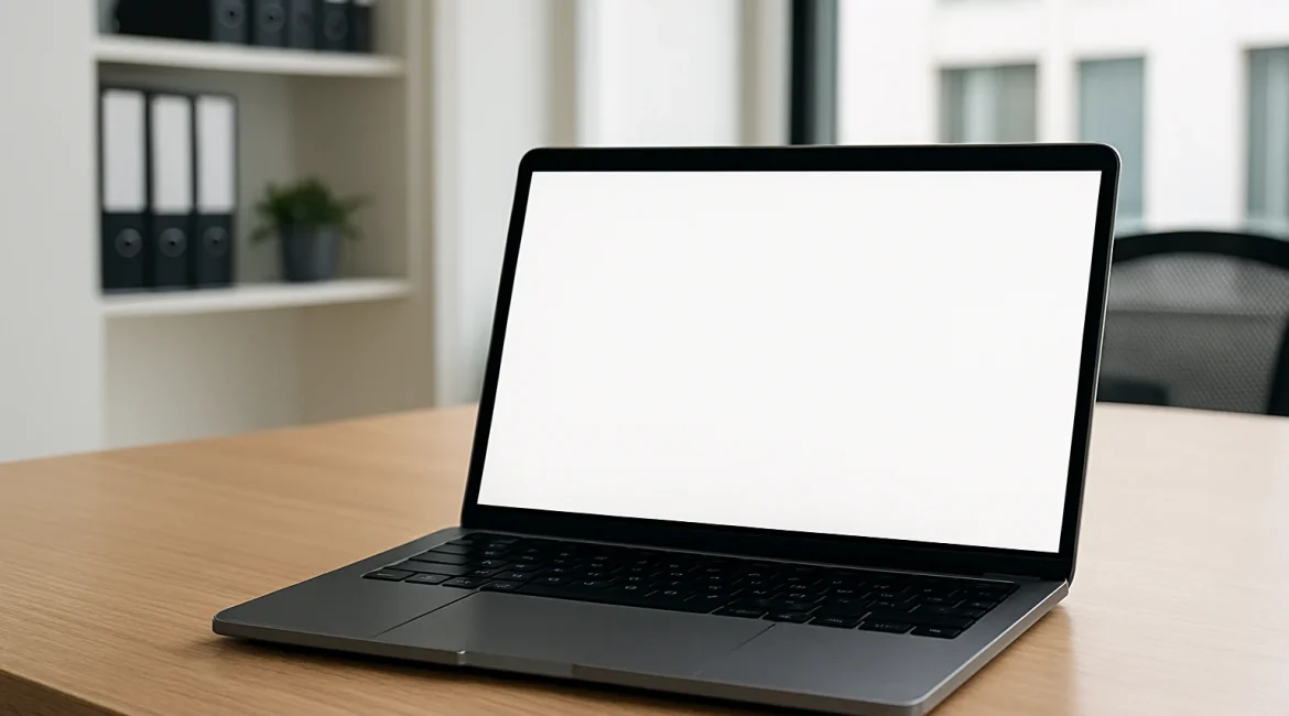 A laptop on a table.