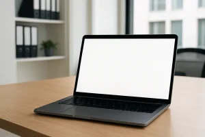A laptop on a table.