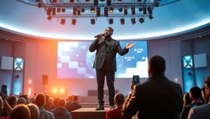 Image is a high-resolution photograph capturing a dynamic scene at a conference or event. The layout is centered around a famous california pastors on stage, who is holding a microphone and gesturing with his other hand. He is wearing a black suit with a red pocket square, and has a medium skin tone. The background features a large, illuminated screen displaying abstract graphics in a modern, sans-serif font. The screen is predominantly blue and white, with circular and wave-like patterns. The audience, visible in the foreground, is diverse, with individuals of varying skin tones, some holding up smartphones to capture the moment. The venue is spacious, with a high ceiling and professional lighting, creating a vibrant and engaging atmosphere.