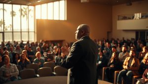 Image is a high-resolution photograph capturing a professional setting in a large conference room. The layout features a diverse audience seated in rows, attentively facing a speaker. The speaker, a bald man with dark skin, is positioned in the foreground, wearing a dark suit and gesturing with his hands as he addresses the crowd. He is one of the Famous California Preachers. The room is well-lit with natural light streaming through large windows on the left, casting a warm glow across the scene. The audience consists of men and women of various skin tones, dressed in business casual attire, with expressions of interest and engagement. In the background, a balcony area is visible, adding depth to the space. The overall atmosphere is one of focus and attentiveness, indicative of a formal presentation or lecture setting.