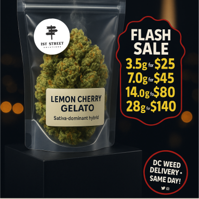 Experience bright citrus and sweet gelato notes with Lemon Cherry Gelato, a sativa-dominant hybrid loved for its uplifting, creative vibe—ideal for daytime sessions. Multiple quantity options with same-day DC delivery from 1st Street Solutions.