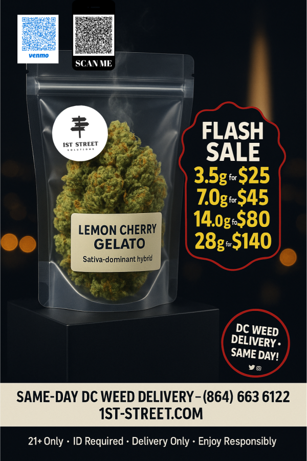 Experience bright citrus and sweet gelato notes with Lemon Cherry Gelato, a sativa-dominant hybrid loved for its uplifting, creative vibe—ideal for daytime sessions. Multiple quantity options with same-day DC delivery from 1st Street Solutions.