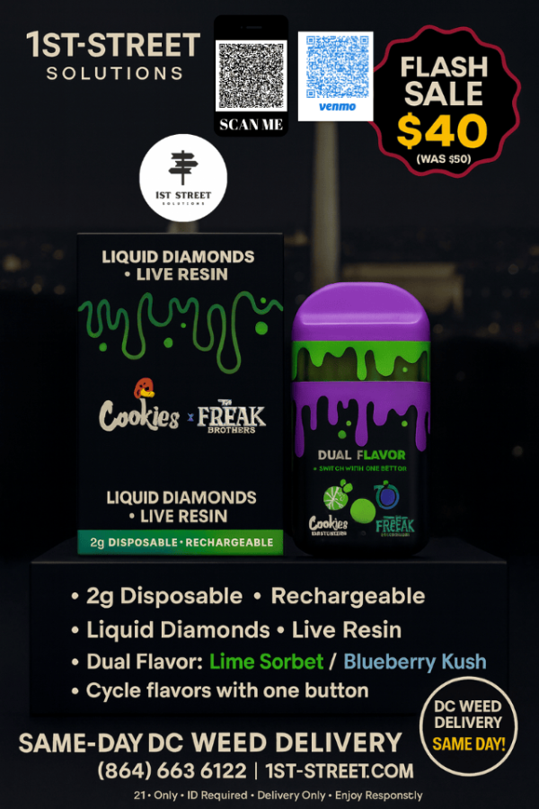 Cookies x The Freak Brothers dual-flavor live resin pen — Lime Sorbet / Blueberry Kush