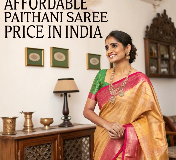 Beautiful Indian woman wearing a pink Paithani saree with golden zari work, standing in a traditional Indian home, representing affordable Paithani saree prices in India.