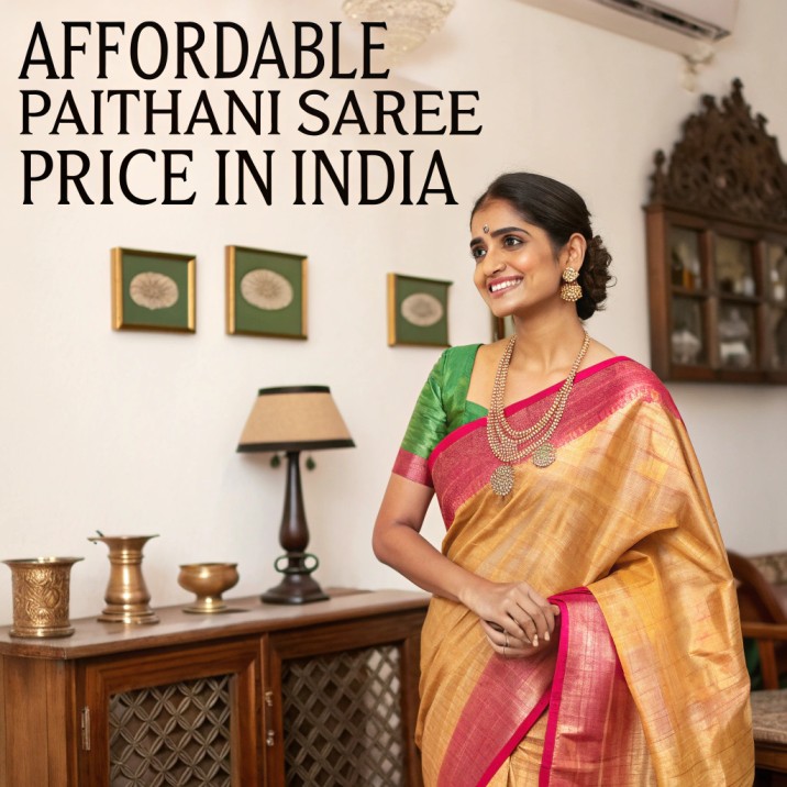 Beautiful Indian woman wearing a pink Paithani saree with golden zari work, standing in a traditional Indian home, representing affordable Paithani saree prices in India.