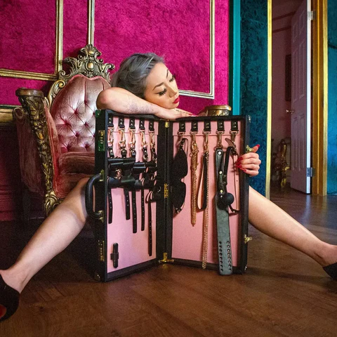 A woman sitting on the floor beside an open pink case filled with whips, paddles, and restraints, showcasing an elegant collection of BDSM Gear for beginners.