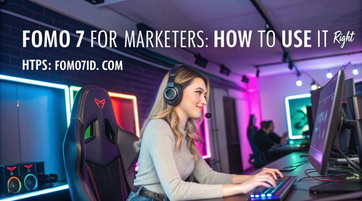 Beautiful woman using Fomo7 in a futuristic gaming environment with neon lights, representing smart online marketing and digital earning.