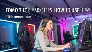Beautiful woman using Fomo7 in a futuristic gaming environment with neon lights, representing smart online marketing and digital earning.