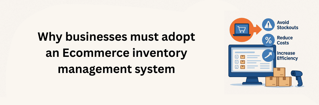 Laptop and monitor showing inventory interface with boxes, icons highlighting avoid stockouts, reduce costs, and increase efficiency.