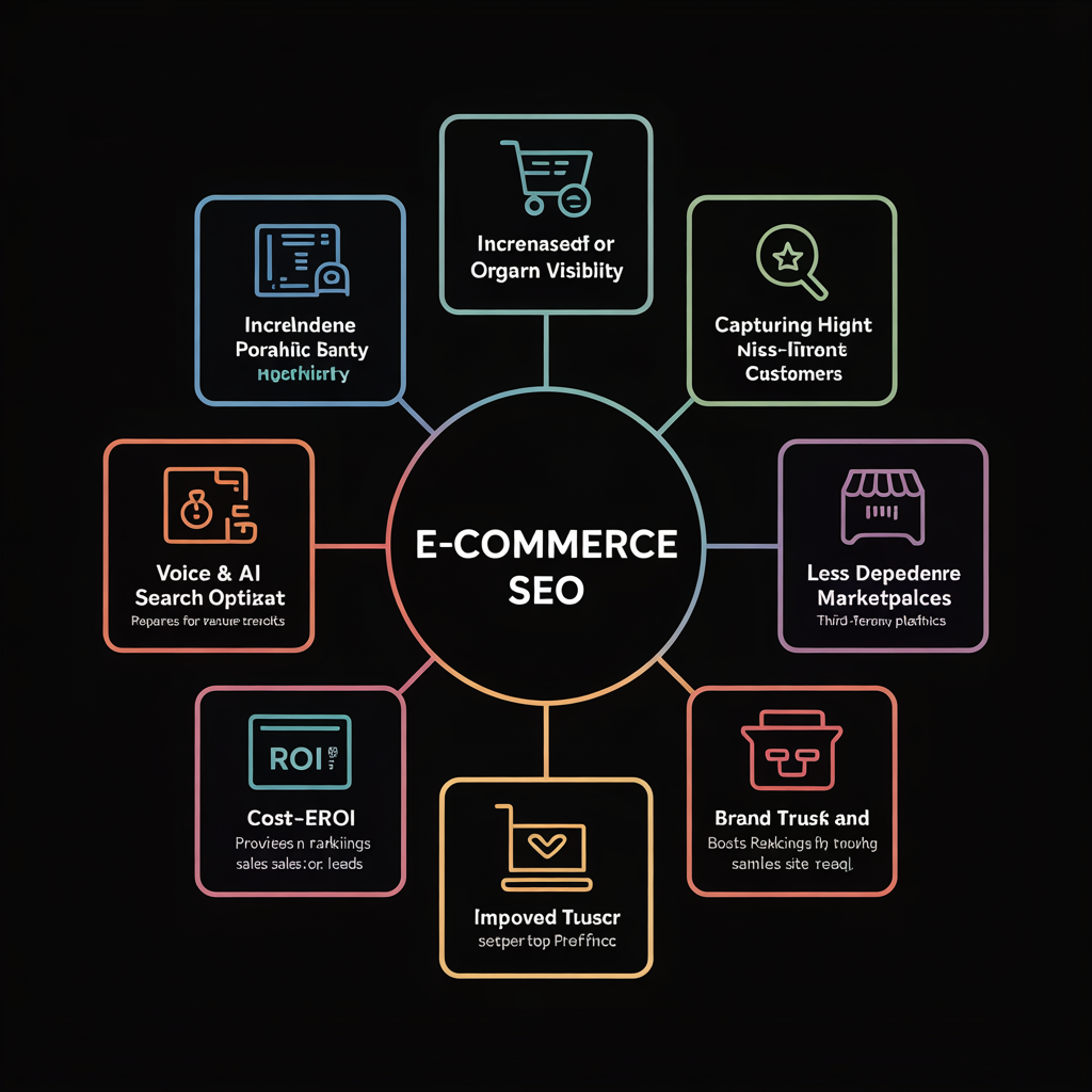 Infographic showing the key benefits of eCommerce SEO, including increased organic visibility, capturing high-intent customers, voice and AI search optimization, less dependence on marketplaces, cost-effective ROI, improved user experience, and building brand trust and authority