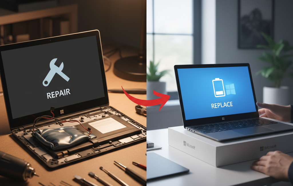 Microsoft Surface battery repair and replacement comparison showing a technician fixing an opened Surface device on one side and a newly replaced Surface battery setup on the other.