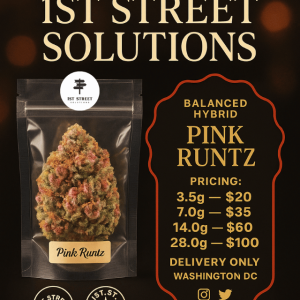 Pink Runtz balanced hybrid cannabis flower with pink purple hues from 1st Street Solutions DC weed delivery