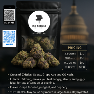 Grape Runtz cannabis strain in premium Mylar bag from 1st Street DC weed delivery with lime green and purple buds - Washington DC cannabis delivery