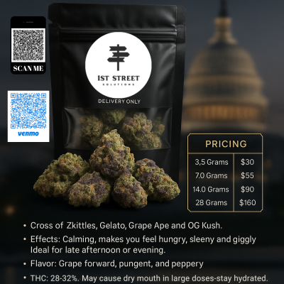 Grape Runtz cannabis strain in premium Mylar bag from 1st Street DC weed delivery with lime green and purple buds - Washington DC cannabis delivery
