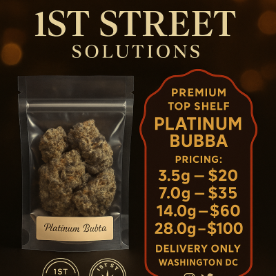 Platinum Bubba premium top shelf indica cannabis flower with frosty platinum trichomes from 1st Street Solutions DC weed delivery