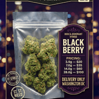 Black Berry cannabis buds in mylar bag 1st Street Solutions DC Weed Delivery