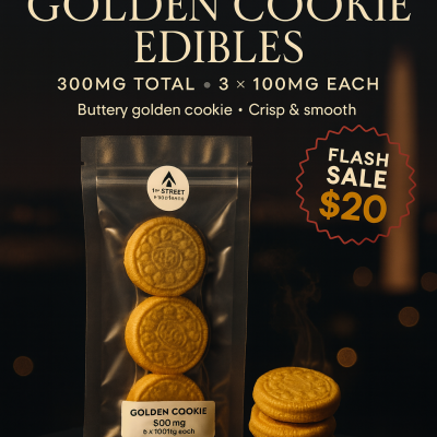 Golden Cookie Edibles 300mg showing 3 buttery crisp cookies in resealable package with 1st Street Solutions branding - premium DC weed delivery high-dose baked edibles