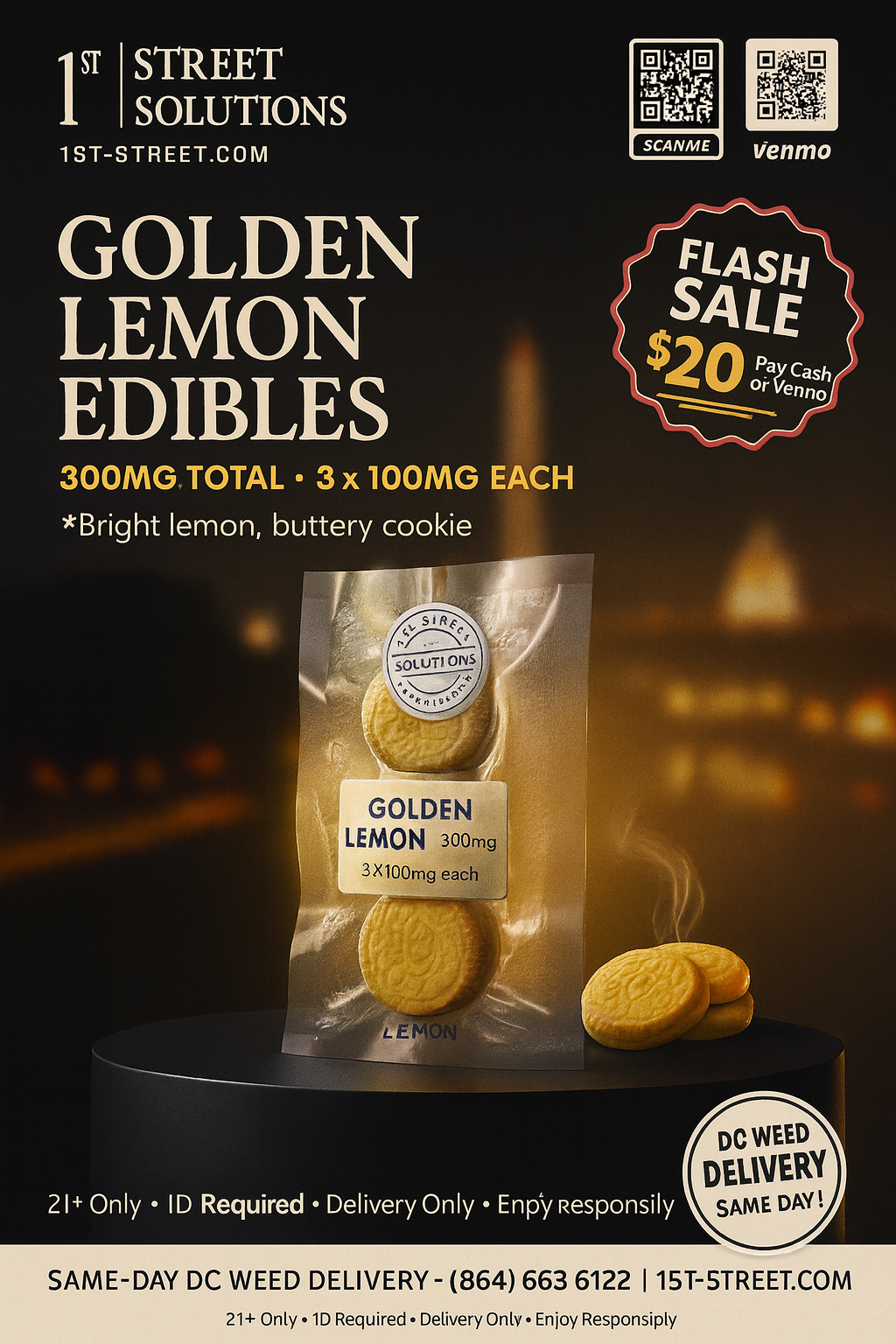 Golden Lemon Edibles 300mg cannabis cookies with bright lemon flavor available for same-day DC weed delivery from 1st Street Solutions