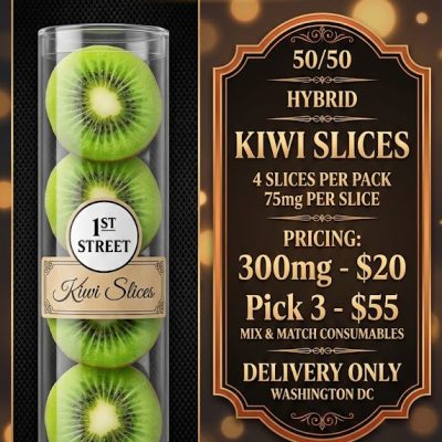 Kiwi Slices 300mg cannabis edibles with 75mg THC per slice, exotic kiwi flavor, 50/50 Hybrid, 4 fruit slices per pack, premium DC weed delivery from 1st Street Solutions, high-dose edibles