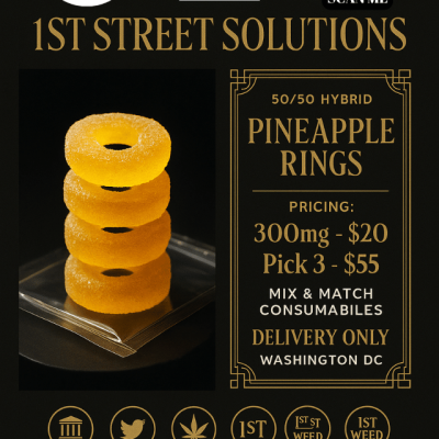 Pineapple Rings 300mg cannabis gummies stacked showing yellow tropical color - DC weed delivery by 1st Street Solutions
