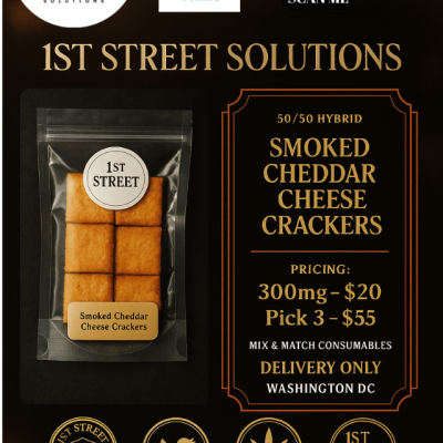Smoked Cheddar Cheese Crackers 300mg cannabis edibles in clear package showing golden-brown crackers with 1st Street Solutions label - DC weed delivery