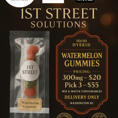 Watermelon Gummies 300mg cannabis edibles in clear tube packaging showing vibrant red and green gummies with 1st Street Solutions label - DC weed delivery