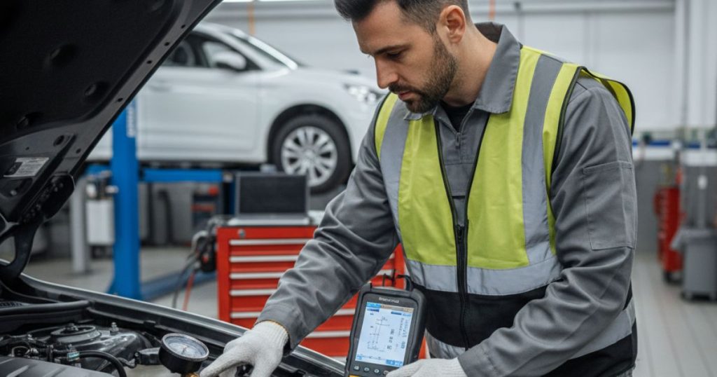 Mechanic inspecting a car fuel system during diagnostic repair