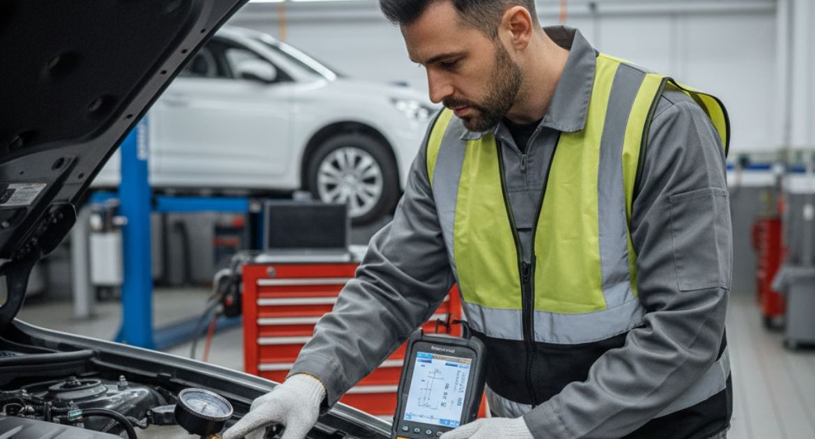 Mechanic inspecting a car fuel system during diagnostic repair