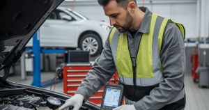 Mechanic inspecting a car fuel system during diagnostic repair