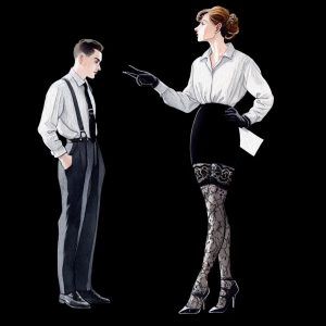 Illustration of a dominant, well-dressed woman confronting a submissive man in a stylized power-dynamic scene, evoking a classic BDSM Fantasy.