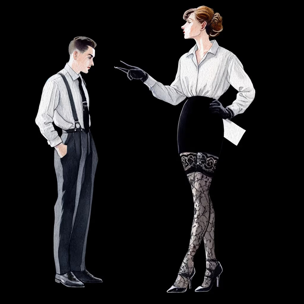 Illustration of a dominant, well-dressed woman confronting a submissive man in a stylized power-dynamic scene, evoking a classic BDSM Fantasy.
