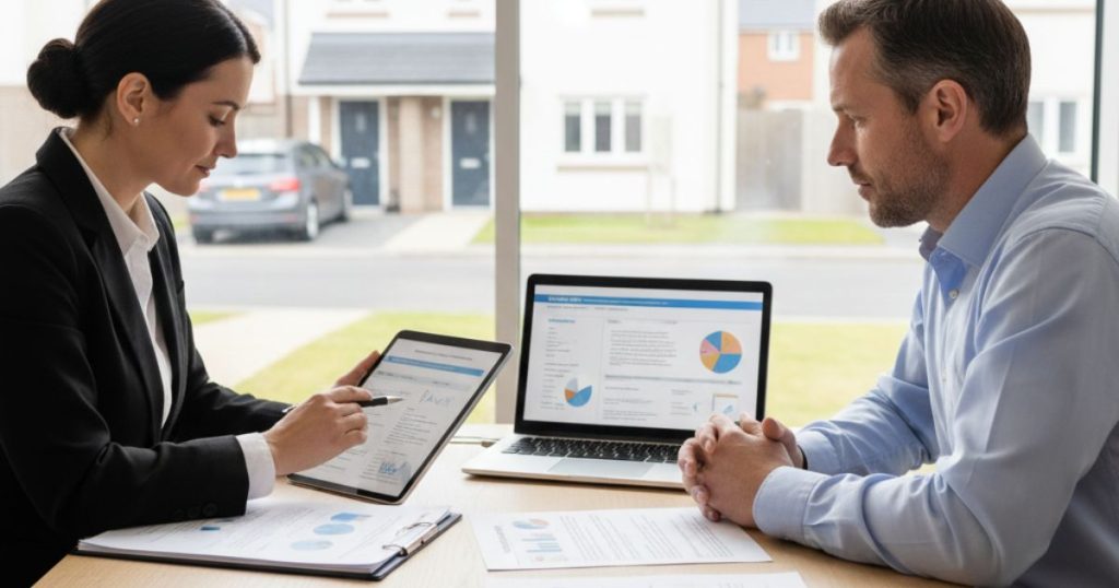 UK landlord consulting a landlord insurance company about building insurance for rental property