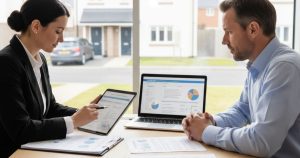 UK landlord consulting a landlord insurance company about building insurance for rental property