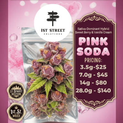Pink Soda premium cannabis flower - Sativa-dominant hybrid with sweet berry terpenes - DC Weed Delivery 1st Street Solutions