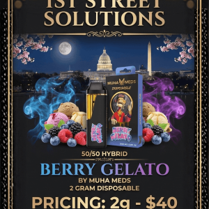 Muha Meds Berry Gelato 2g 50/50 Hybrid disposable vape pen with creamy berry flavor available for DC weed delivery in Washington DC.