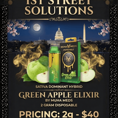 Muha Meds Green Apple Elixir 2g Sativa disposable vape pen with tart apple flavor available for DC weed delivery in Washington DC.