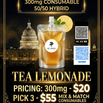 Tea Lemonade 300mg 50/50 Hybrid consumable drink pouch available for DC weed delivery.