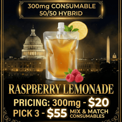 Refreshing Raspberry Lemonade 300mg 50/50 Hybrid consumable drink pouch ready for fast DC weed delivery from 1st Street Solutions.