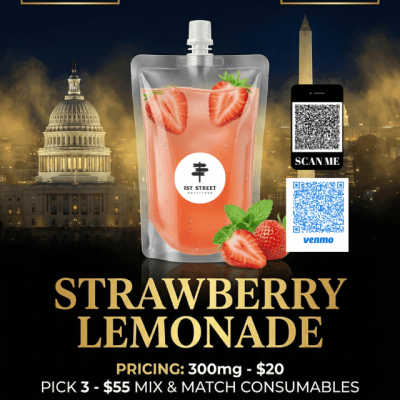 Strawberry Lemonade 300mg 50/50 Hybrid consumable drink pouch available for premier DC weed delivery by 1st Street Solutions.