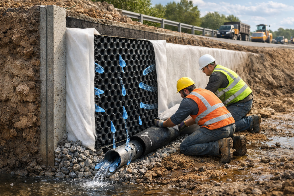 Drainage geocomposite system showing water flow through core behind retaining wall and roadway for soil stability