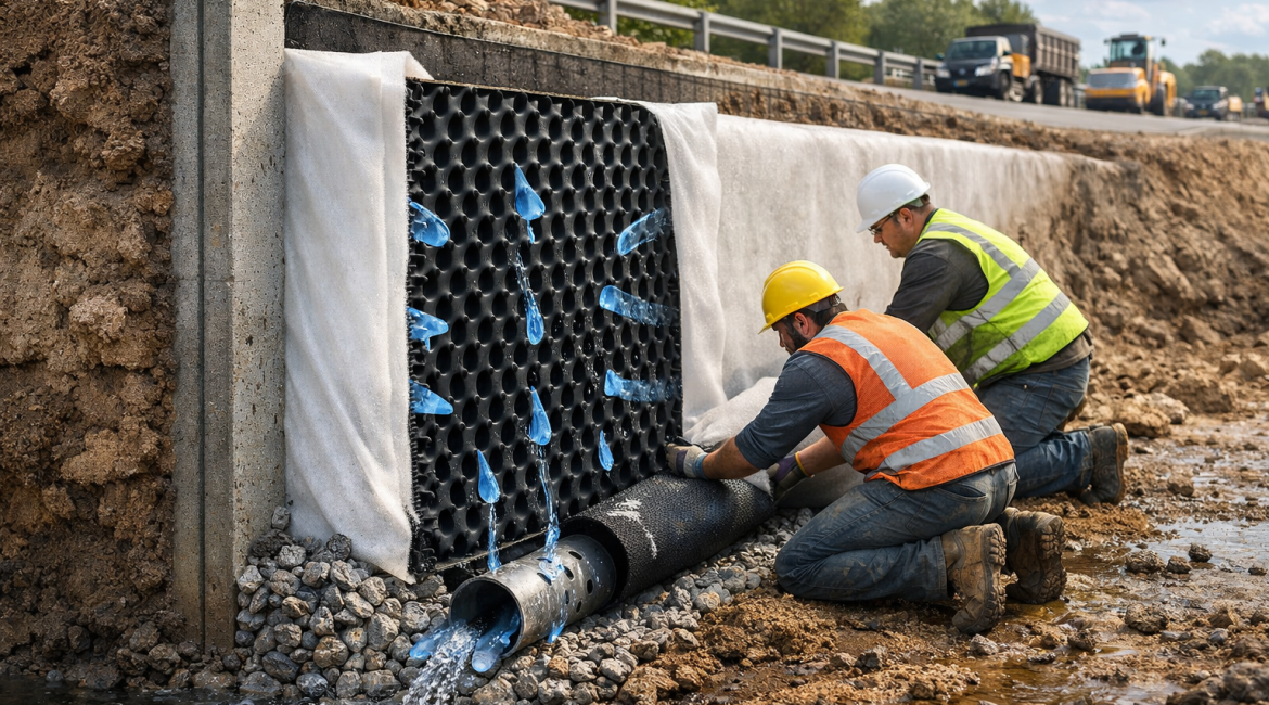 Drainage geocomposite system showing water flow through core behind retaining wall and roadway for soil stability