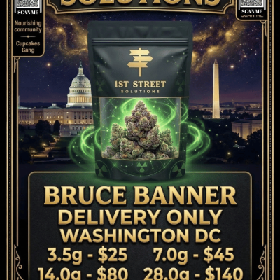Bright green Bruce Banner Sativa-Dominant Hybrid buds available for fast DC weed delivery by 1st Street.