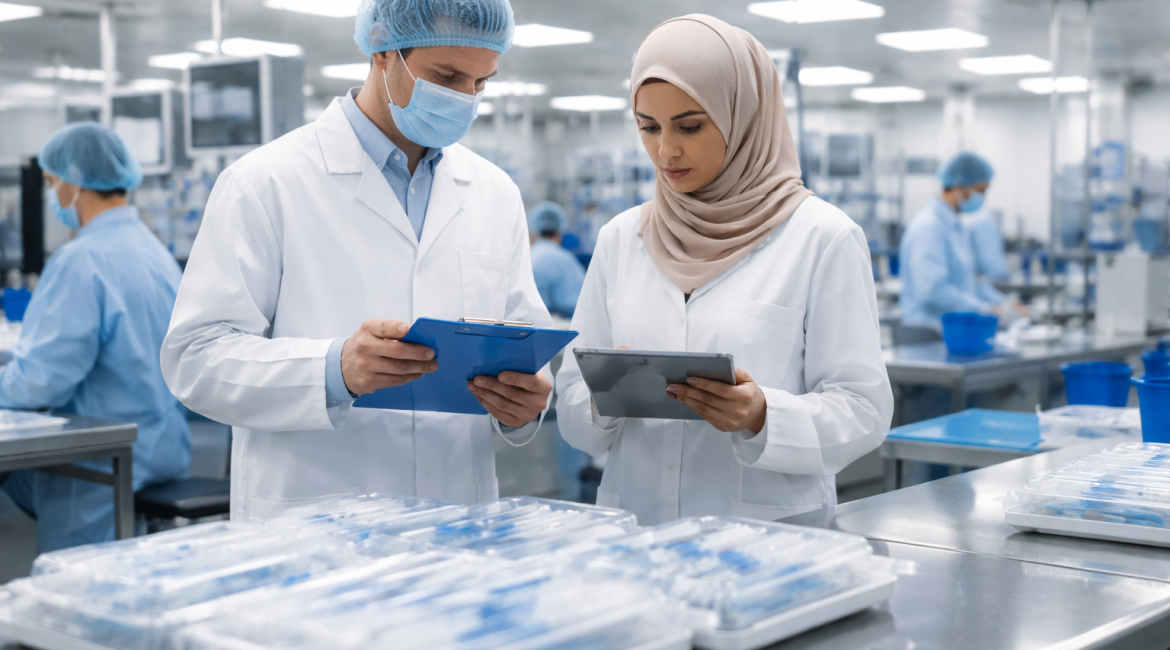 Medical quality inspectors reviewing packaged medical devices in a clean laboratory production facility.